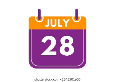28 julho mês vetor dia único, ilustração, calendário com laranja, roxo, cinzas e branco cor de fundo calendário ícone de julho 28