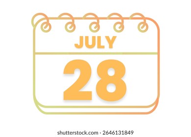 28 julho mês vetor dia único, ilustração, calendário com laranja, amarelo, marrom e branco ícone de calendário de fundo de cor de julho 28