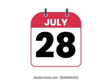 28 julho mês vetor dia único, ilustração, calendário com vermelho, preto e branco ícone de calendário de fundo de cor de 28 de julho