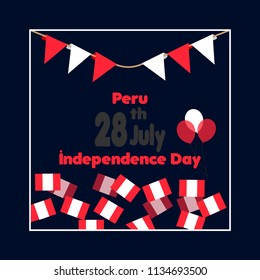 28 July. Peru Happy Independence Day.Celebration Background With Flags, Balloon and Text. Vector Illustration. Greeting Card