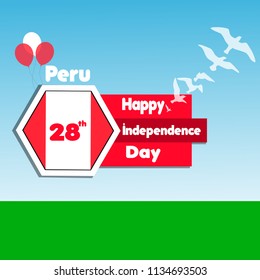 28 July. Peru Happy Independence Day.Celebration Background With Flags, Birds, Balloon,field and Text. Vector Illustration. Greeting Card