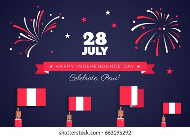 28 July, Peru Independence Day greeting card. Holiday background with waving flags, ribbon and fireworks. Vector flat illustration