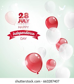 28 de julio.Tarjeta de felicitación por el Día de la Independencia de Perú. Fondo de la celebración con globos voladores y texto. Ilustración del vector