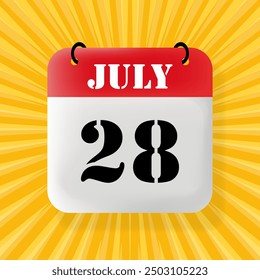 28 July. Speech bubble with calendar 2024, 2025. Year, month, day, week, time management. Planning concept. 3d illustration. Pop art style. Vector line icon for Business and Advertising