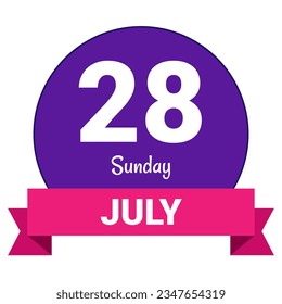 28 July, Sunday. Date template. Useful design for calendar or event promotion. Vector illustration EPS 10 File. Isolated on white background. 