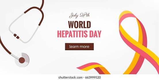 28 July World hepatitis day. Hepatitis Awareness Ribbon Background.  World hepatitis day banner with ribbon and medical clipboard. Vector illustration