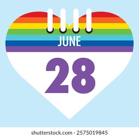 28 June calendar icon pride color heart shape on light sky blue color background, calendar vector symbol for the month of  June.