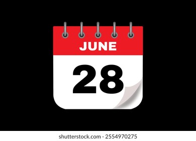 28 June calendar icon text page monthly web design on red, white and black background vector, icon, or illustration with the month of June 28