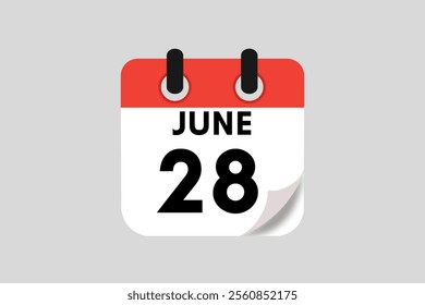 28 June calendar icon text page monthly web design on red, white, black and ash background vector, icon, or illustration with the month of June 28