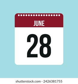 28 June calendar vector icon. Red and black June date for the days of the month and the week on a light background