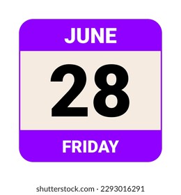 28 de junio, viernes. Plantilla de fecha. Diseño útil para la promoción de calendarios o eventos. Ilustración vectorial Archivo EPS 10. Aislado sobre fondo blanco. 