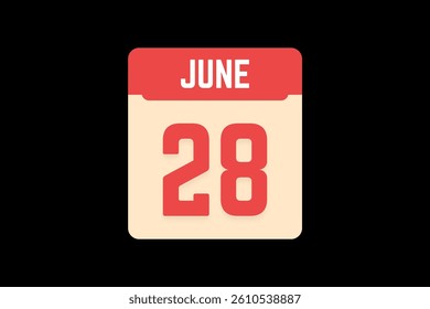 28 June icon text page monthly web design on coral, white, tangerine and black background vector, icon, or illustration with the month of June 28