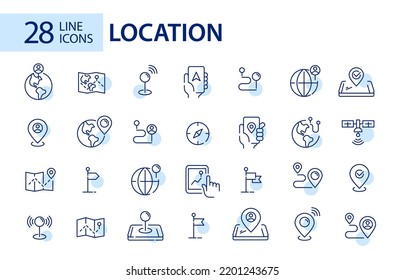 28 line art location icons. Map pointers, navigation and sharing position. Pixel perfect, editable stroke