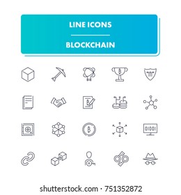 28. Line icons set. Blockchain pack. Vector illustration with elements for crypto technology.