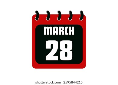 28 March calendar icon text page monthly web design on red, black and white background vector, icon, or illustration with the month of March 28