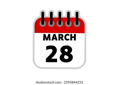 28 March calendar icon text page monthly web design on red, black and white background vector, icon, or illustration with the month of March 28