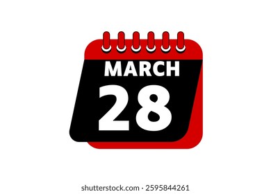 28 March calendar icon text page monthly web design on red, black and white background vector, icon, or illustration with the month of March 28