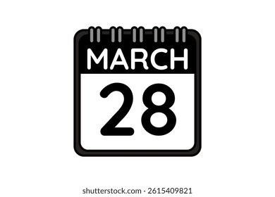28 March calendar icon text page monthly web design on black and white background vector, icon, or illustration with the month of March 28