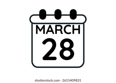 28 March calendar icon text page monthly web design on black and white background vector, icon, or illustration with the month of March 28