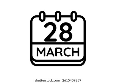 28 March calendar icon text page monthly web design on black and white background vector, icon, or illustration with the month of March 28