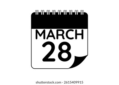 28 March calendar icon text page monthly web design on black and white background vector, icon, or illustration with the month of March 28