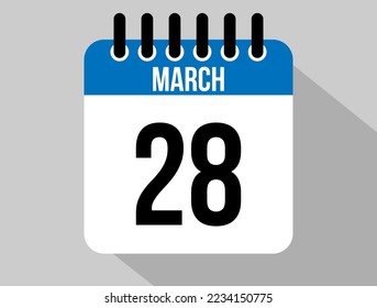 28. März Kalender Vektorsymbol. Blauer März für die Tage des Monats und die Woche auf hellem Hintergrund