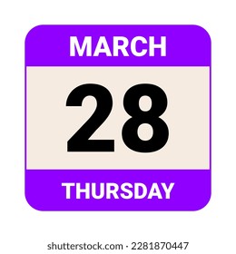 28 March, Thursday. Date template. Useful design for calendar or event promotion. Vector illustration EPS 10 File. Isolated on white background. 