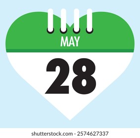 28 May calendar icon green heart shape on light sky blue color background, calendar vector symbol for the month of May.