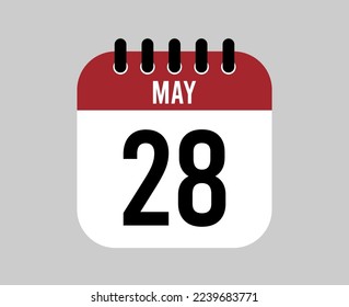 28 May calendar icon. Red calendar page vector for May days and weeks