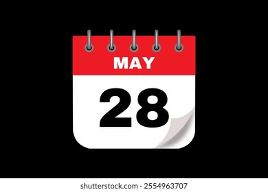 28 May calendar icon text page monthly web design on red, white and black background vector, icon, or illustration with the month of May 28