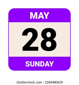28 May, Sunday. Date template. Useful design for calendar or event promotion. Vector illustration EPS 10 File.