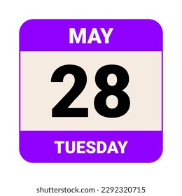 28. Mai, Dienstag. Datumsvorlage. Nützliches Design für Kalender- oder Veranstaltungswerbung. EPS10 Datei, Vektorgrafik. Einzeln auf weißem Hintergrund. 