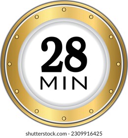 28 minute icon. Symbol for product labels. Different uses such as cooking time, cosmetic or chemical application time, waiting time . 28min time circle icon
