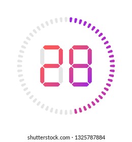 The 28 minutes, stopwatch vector icon, digital timer. Vector digital count down circle board with circle time pie diagram. Watch outline style design, designed for web and app.