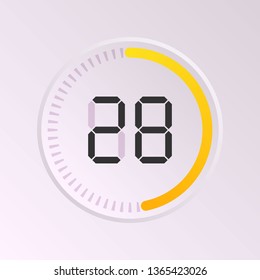 The 28 minutes, stopwatch vector icon, digital timer. Vector digital count down circle board with circle time pie diagram. Watch outline style design, designed for web and app.