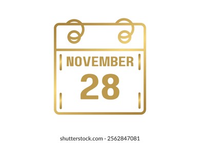 28 November calendar icon text page monthly web design on golden and white background vector, icon, or illustration with the month of November 28