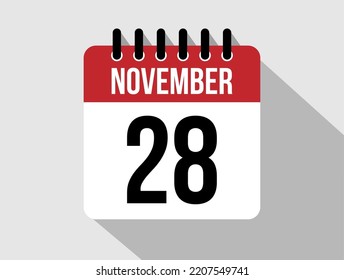 28 November calendar vector icon. Red november date for the days of the month