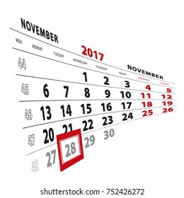 28 November highlighted on calendar 2017. Week starts from Monday. Vector Illustration.
