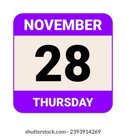 28 de noviembre, jueves. Plantilla de fecha. Diseño útil para la promoción de calendarios o eventos. Ilustración vectorial Archivo EPS 10. Aislado sobre fondo blanco. 