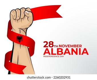 28 November. Vector illustration of Happy Independence Day greeting card for the country of Albania with clenched fists and a flag ribbon. Use for banners on a white background.