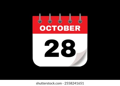 28 October calendar icon text page monthly web design on red, white and black background vector, icon, or illustration with the month of October 28