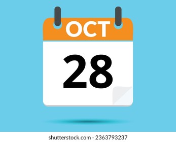 28 October. Flat icon calendar isolated on blue background. Vector illustration.