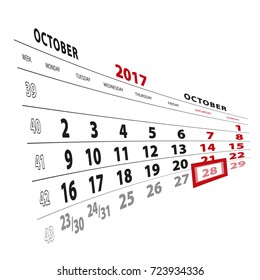 28 October highlighted on calendar 2017. Week starts from Monday. Vector Illustration.