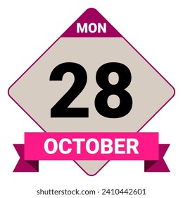 28 October, Monday. Date template. Useful design for calendar or event promotion. Vector illustration EPS 10 File. Isolated on white background. 