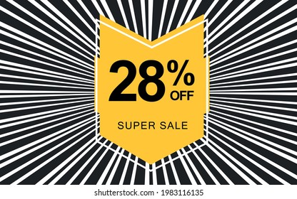 28% off. Black banner with twenty-eight percent discount on a yellow balloon for mega offers.