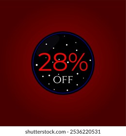 Desconto de 28%. Preto e vermelho com estrelas. Promoções de compras, Vendas de lojas. Design de vetor de marca. 28% de desconto.