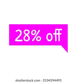 Desconto de 28%. Marca de desconto magenta e texto branco. Promoções de marketing, vendas no varejo. Marca de oferta simples. 28% de desconto.