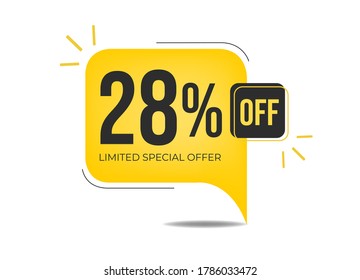 28% off limited special offer. Banner with twenty-eight percent discount on a yellow square balloon.