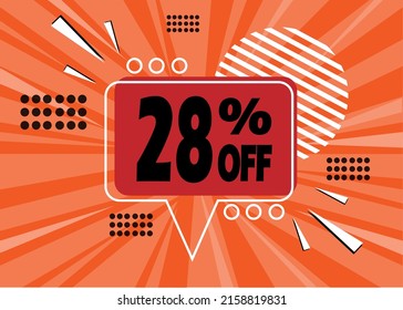 28% off. Orange banner with 28 percent discount on a red and black balloon for mega big sales.