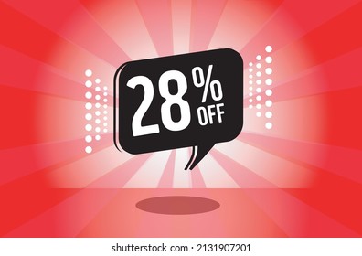 28% off. red banner with twenty eight percent discount on a black balloon for mega big sales.